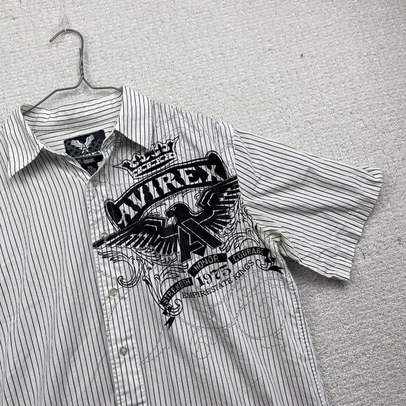 Y2K Avirex  Button Up Shirt Mens XL Short Sleeve Striped White Grunge Graphic** - Picture 2 of 15